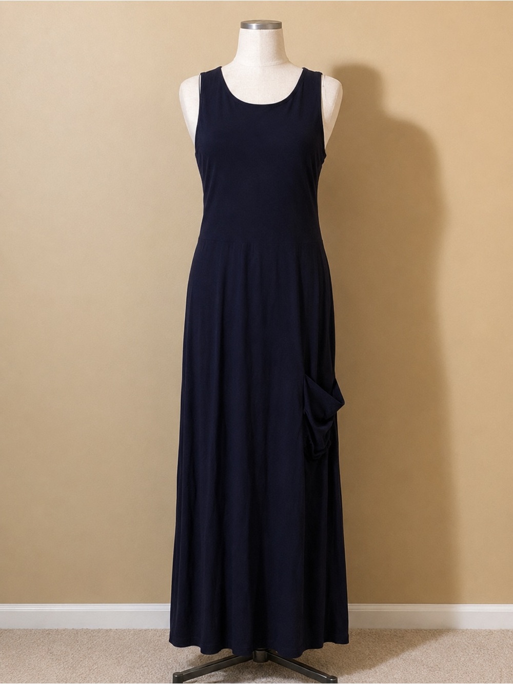 Eileen Fisher Maxi Dress Blue Sleeveless One Slouch Pocket Made USA M lagenlook